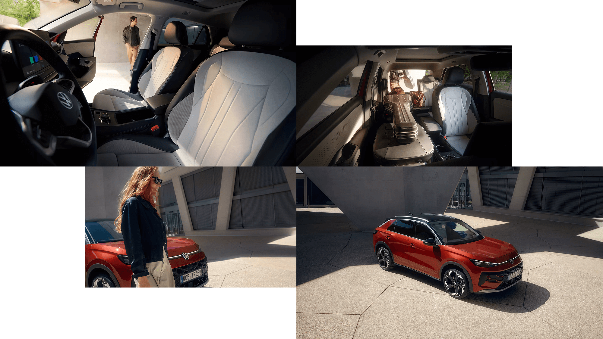 Nuotraukų koliažas su raudonu „Volkswagen T-Roc“ ir jo interjero detalėmis miesto aplinkoje.